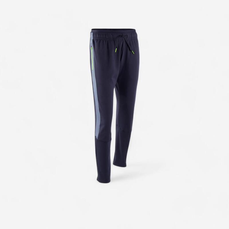 Pantalon d'entraînement de football enfant TP 500 Bleu marine, gris et zip vert