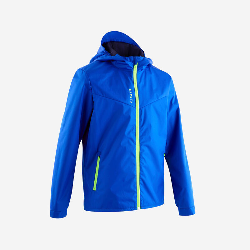 VESTE COUPE PLUIE DE FOOTBALL T500 ENFANT BLEU ET BLEU MARINE, ZIP VERT FLUO