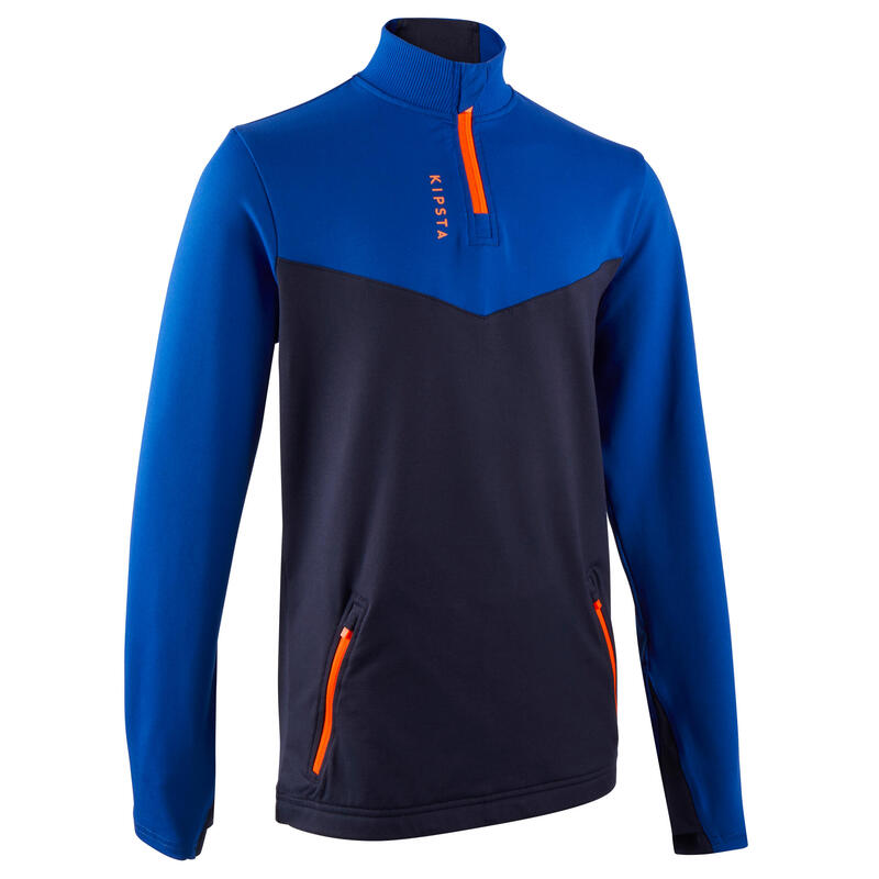 Sweat 1/2 zip d'entraînement de football enfant T500 bleu et bleu marine