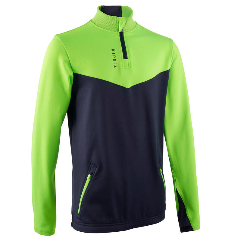 Sweat 1/2 zip d'entraînement de football enfant T500 vert fluo et bleu marine