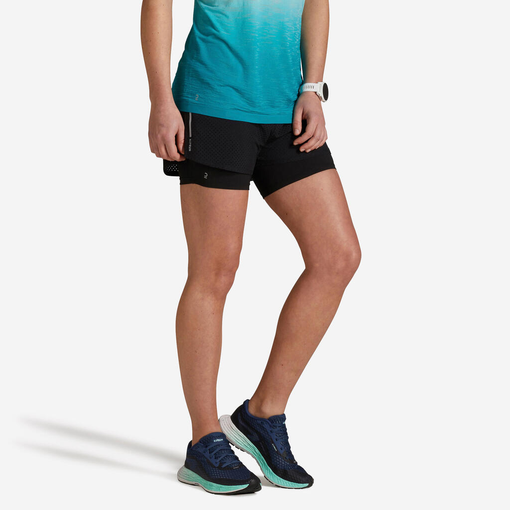 Short de running 2 en 1 transpirable negro para mujer Kiprun Run 500 Confort