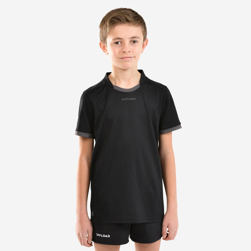 Rugbyshirt met korte mouwen voor kinderen R100 zwart