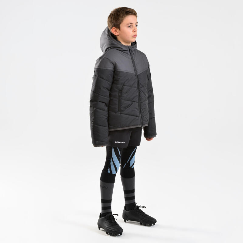Gyerek parka kabát rögbizéshez R500, fekete, szürke 