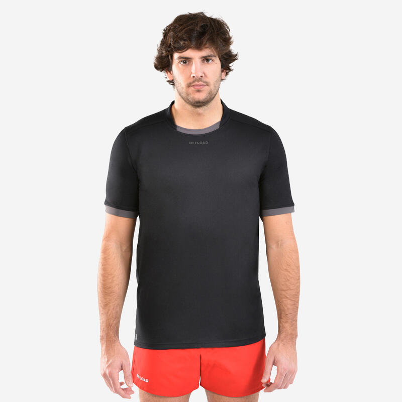 Tricou Rugby R100 Negru-Gri Bărbați