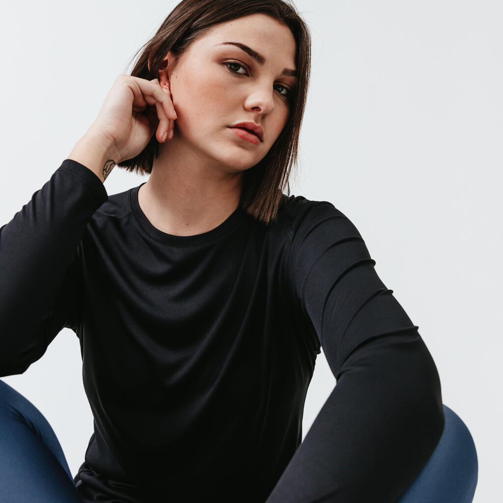 Camiseta manga larga de running  con protección solar para mujer Kalenji negro