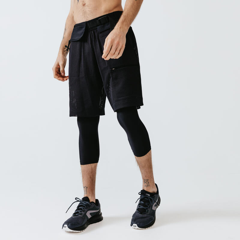 Pantalón corto running Hombre 2 en 1 con malla 3/4 transpirable negro