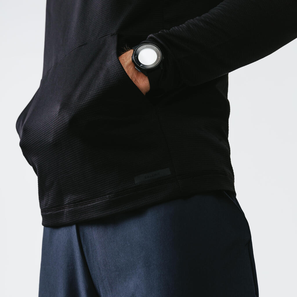 Vyriškas orui laidus bėgimo sportinis megztinis su gobtuvu „Kalenji Dry+ Feel“, juodas