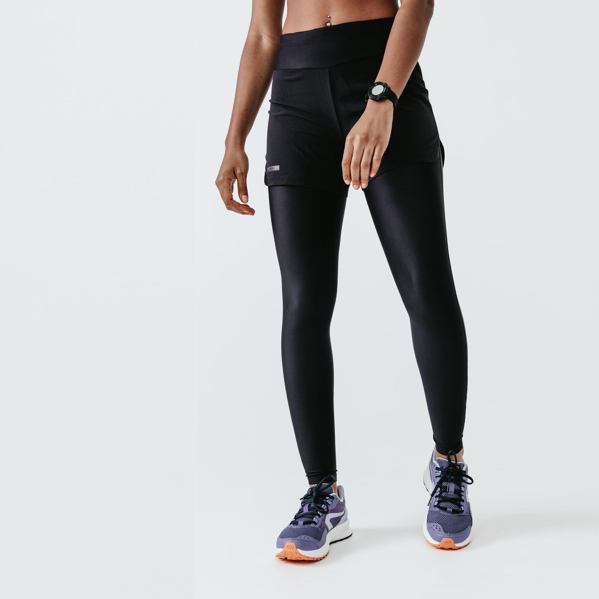 WOMEN'S RUNNING LEGGINGS WITH BUILT-IN SHORTS RUN DRY+ BLACK