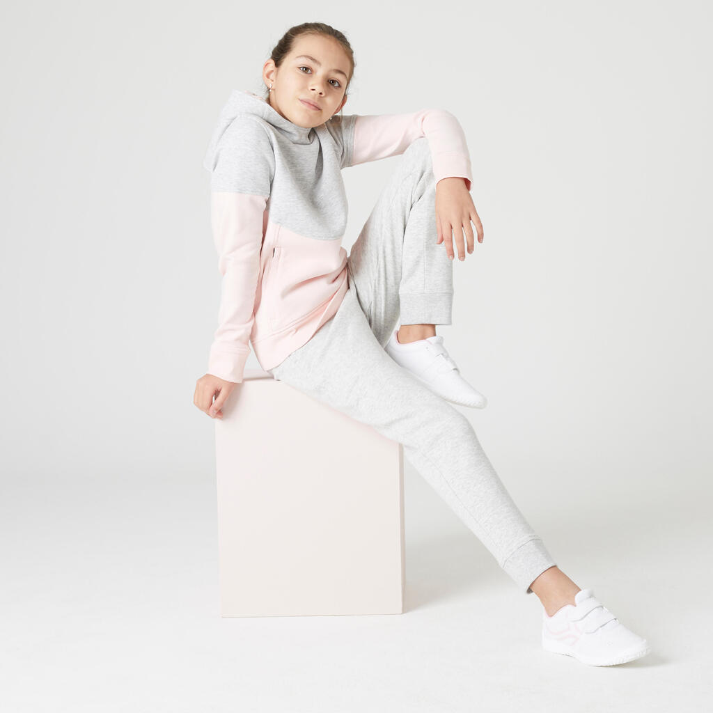 Girls' Warm Hooded Zip-Pocket Gym Sweatshirt 500 - Light Grey Marl/Pink