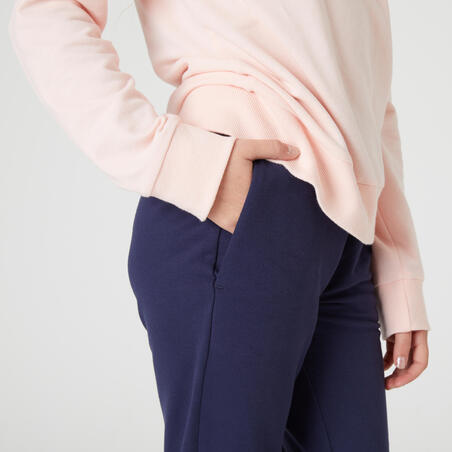 Брюки беговые прямые из хлопчатобумажного футера для девочек темно-синие 100