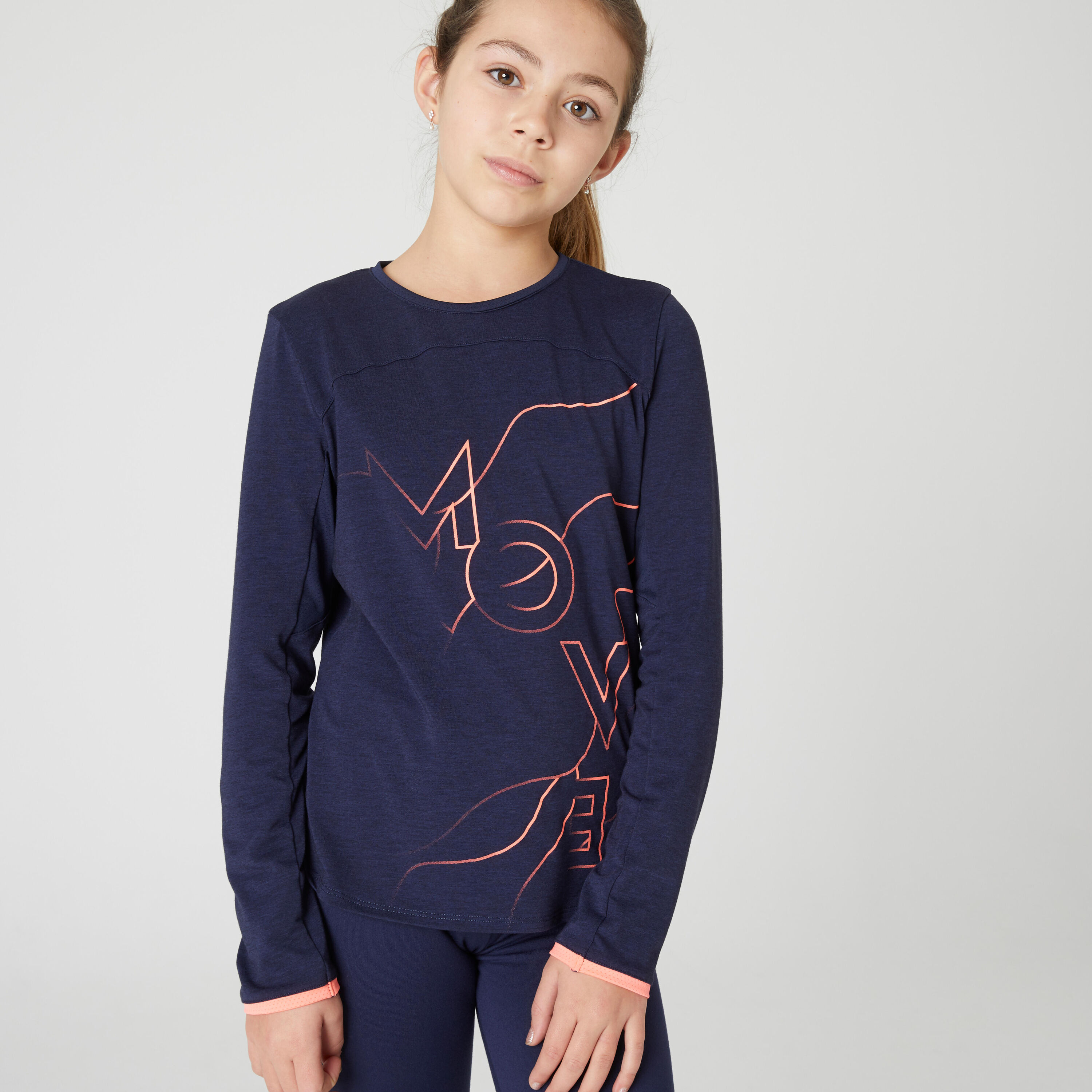 DOMYOS Kids' Breathable Long-Sleeved T-Shirt - Navy/Coral