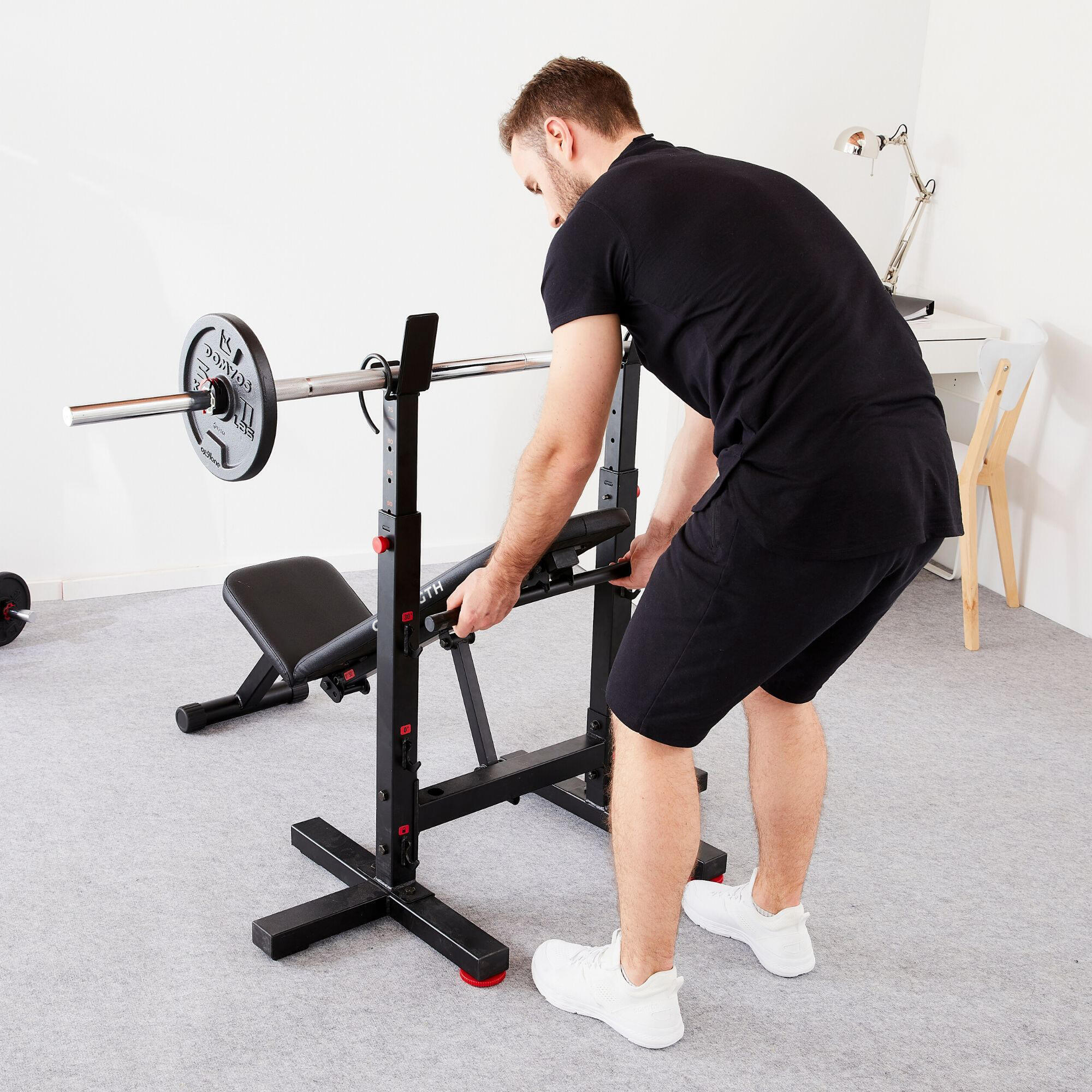 Bench press fold with folding stanchions - bench press fold