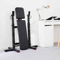 Tiltable and foldable weight bench with adjustable pegs