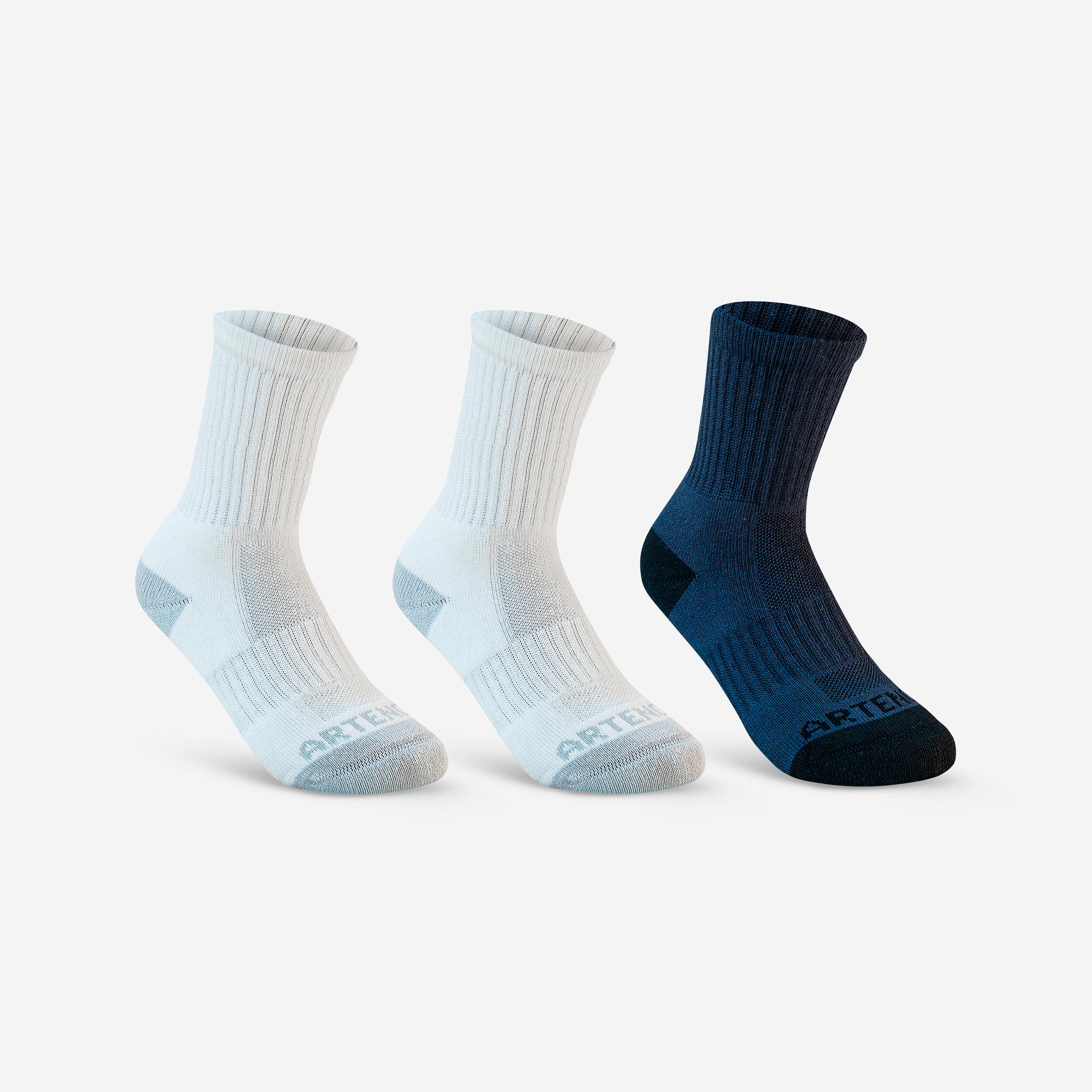 CHILDREN'S HIGH SPORTS SOCKS ARTENGO RS 500 NAVY WHITE PACK OF 3