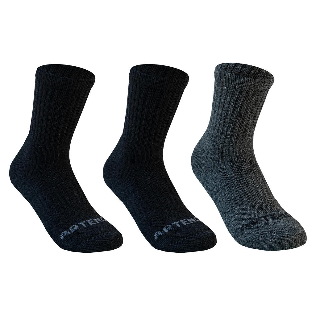 Kids' High Sports Socks RS 500 Tri-Pack - Black/Grey