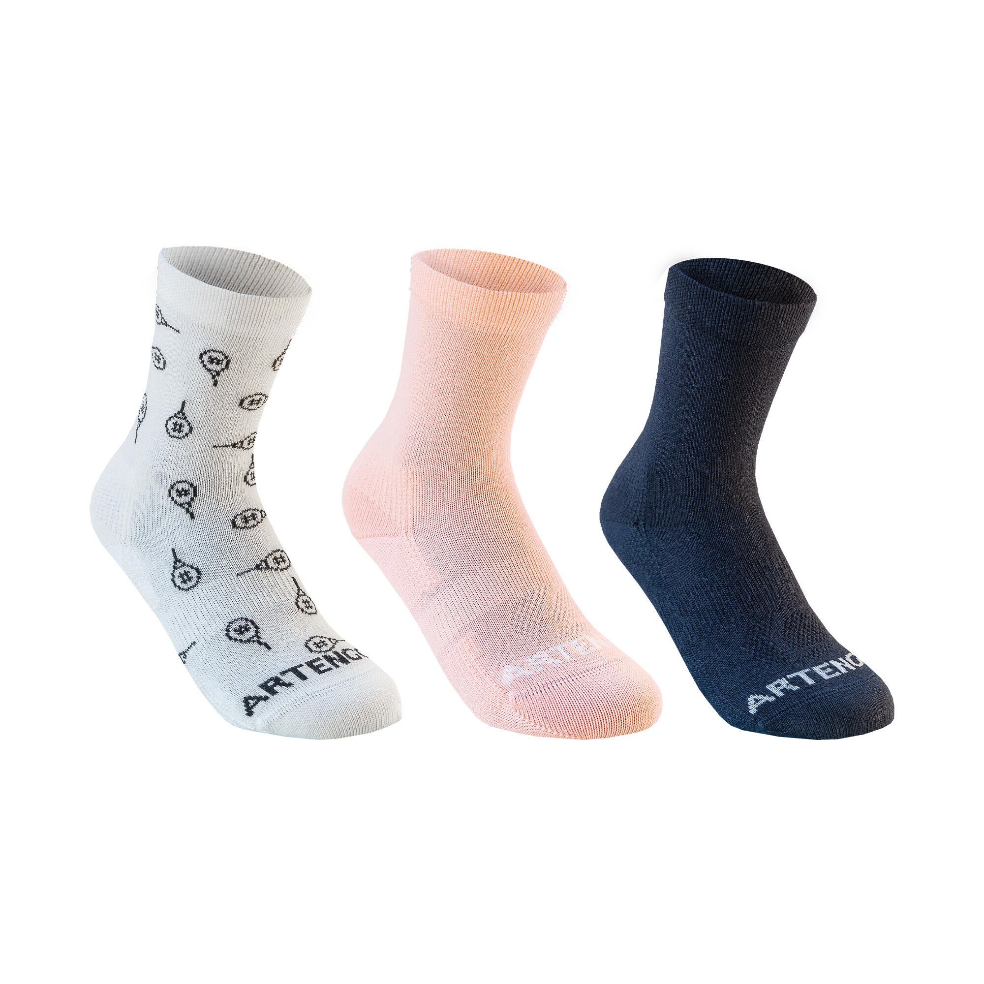 CHILDREN'S HIGH SPORTS SOCKS ARTENGO RS 160 WHITE NAVY PINK SET OF 3