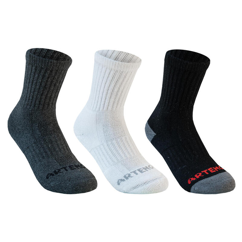 CALCETINES DE DEPORTE LARGOS NIÑOS ARTENGO RS 500 NEGRO BLANCO GRIS LOTE 3 PARES