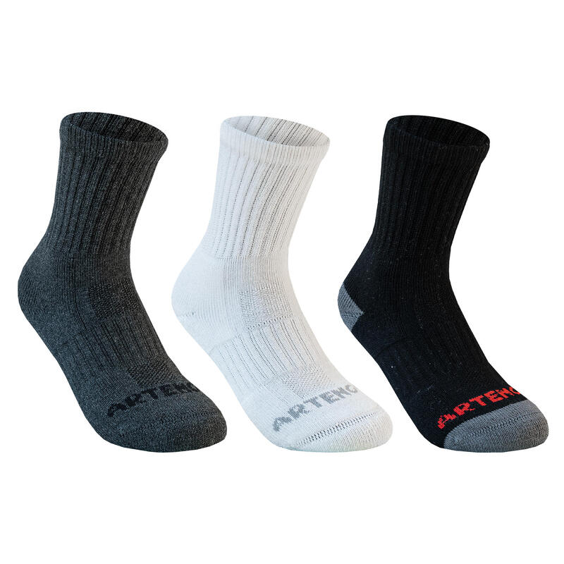 Vysoké tenisové ponožky RS500 šedé, bílé, černé 3 páry 