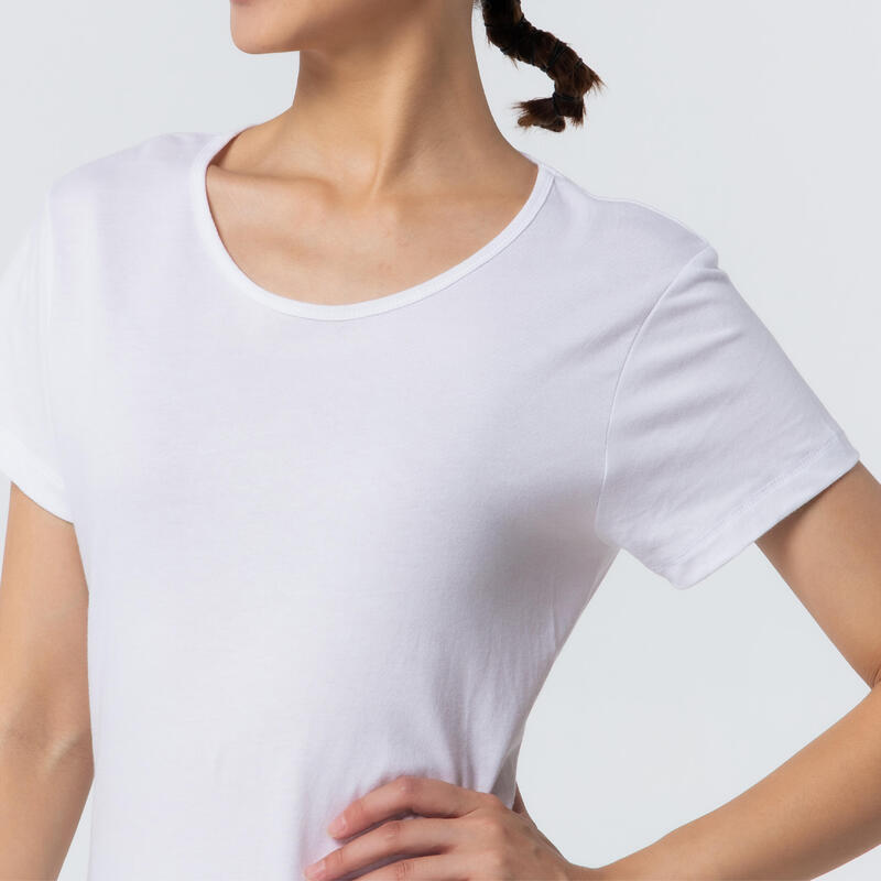 女款純棉皮拉提斯與溫和健身運動T恤100 - 白色