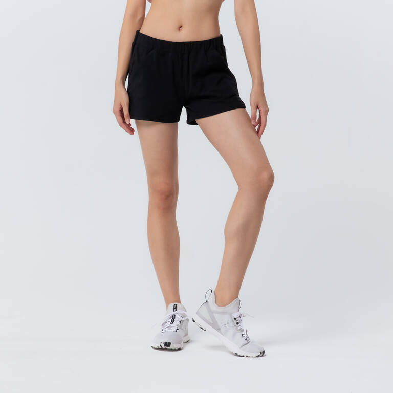 Women's Straight-Cut Cotton Fitness Shorts 520 With Pocket - Black -  Decathlon