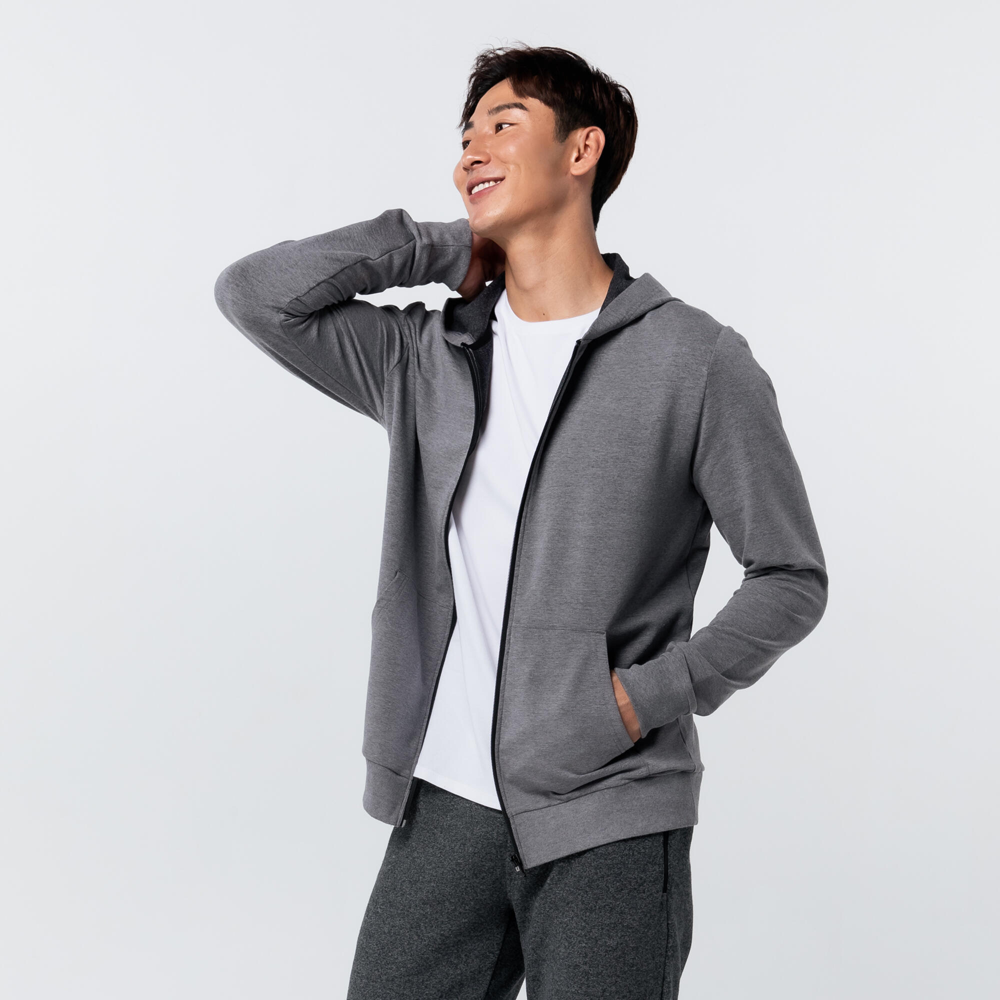 Chaqueta fitness con cremallera y capucha Hombre Domyos gris 3/4