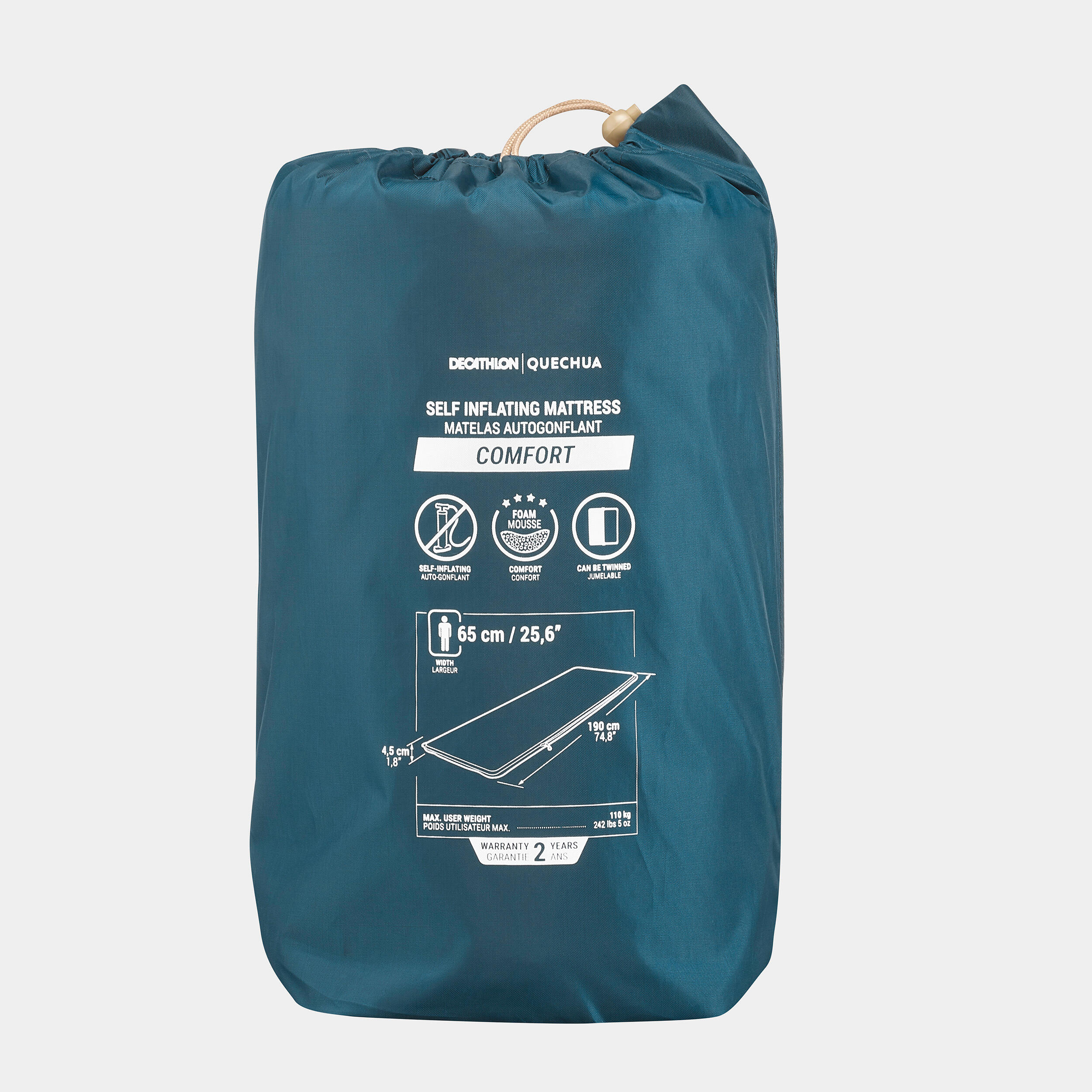 Single Self-Inflating Camping Sleeping Mat - AG Confort 190 x 65 cm - QUECHUA