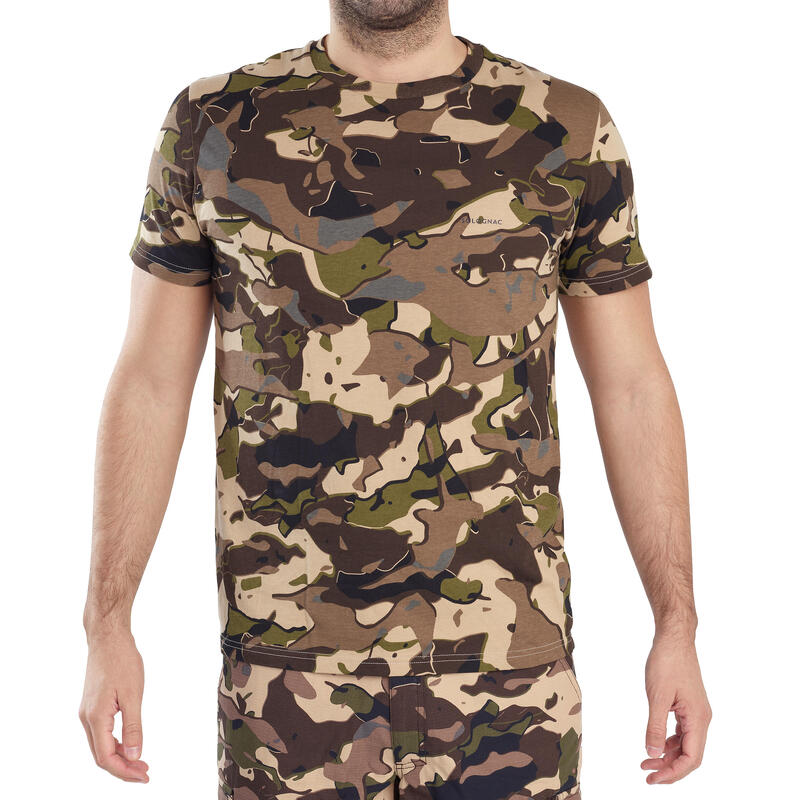 Camiseta Manga Corta Hombre Caza Solognac 100 Algodon Camuflaje Militar Marrón