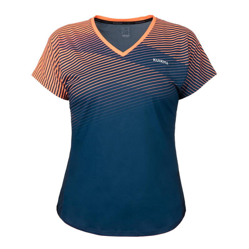 Camiseta de pádel de manga corta transpirable con cuello en V Mujer 500 azul naranja
