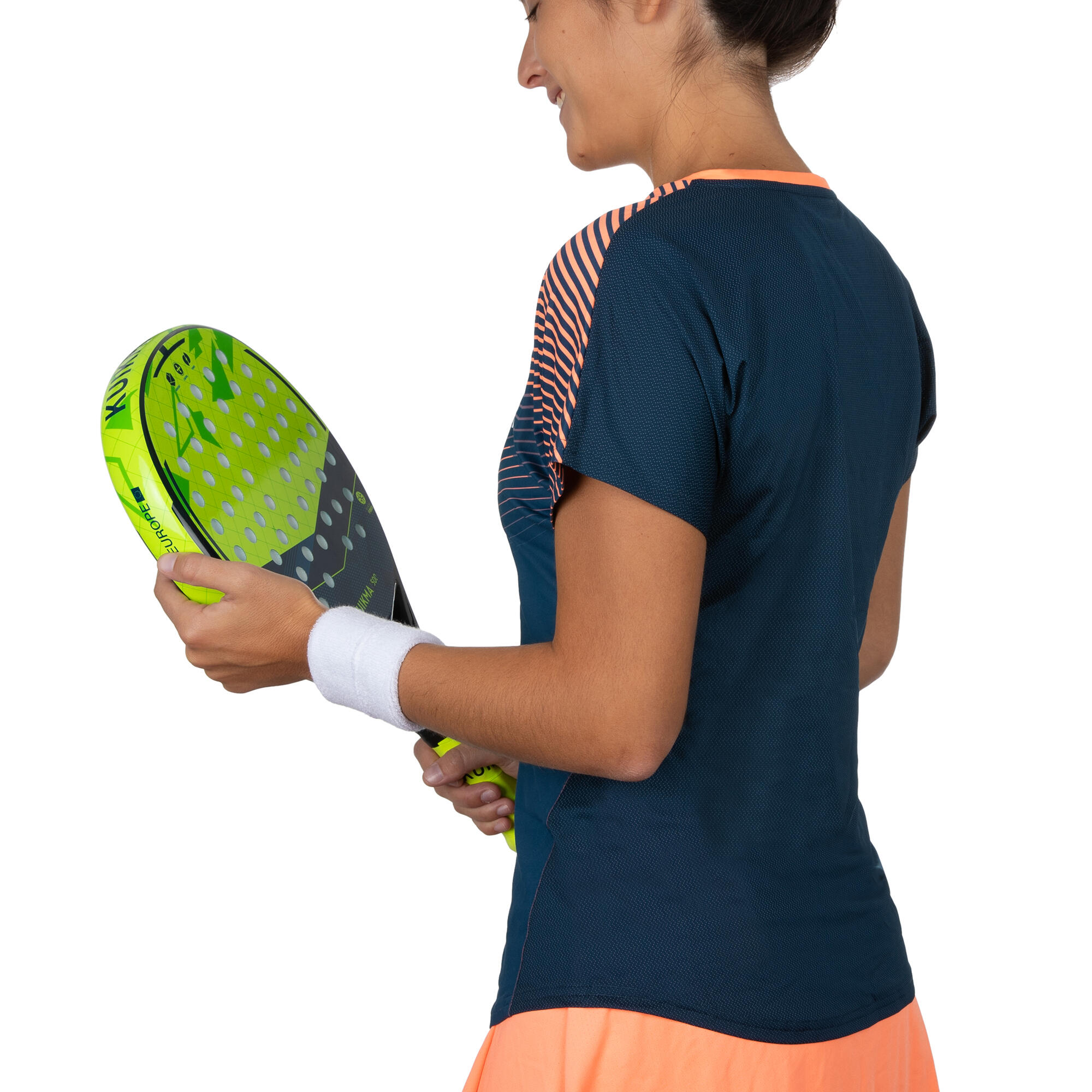 Women’s Short-Sleeved Breathable Padel T-Shirt 500 - Blue & Orange 3/4