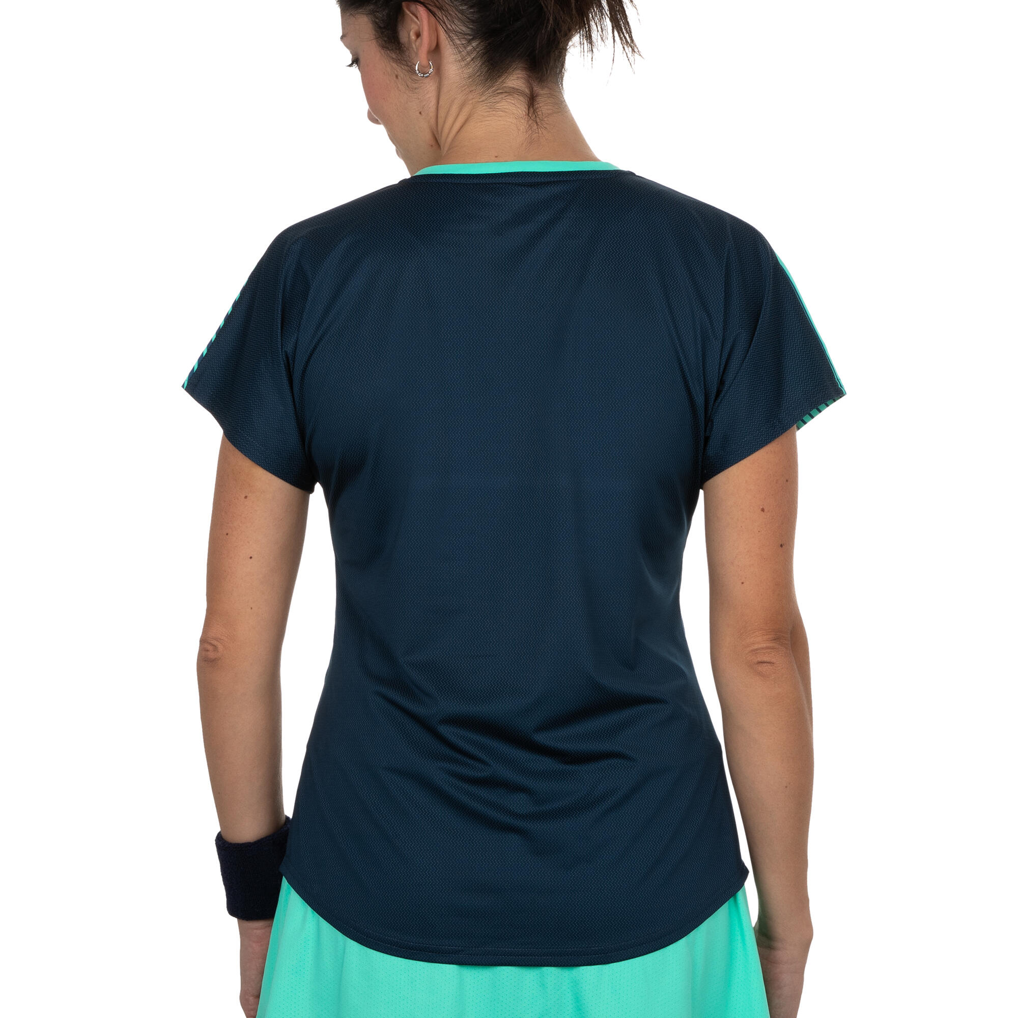 Women's Breathable V-Neck Short-Sleeved Padel T-Shirt 500 - Blue/Green 3/4
