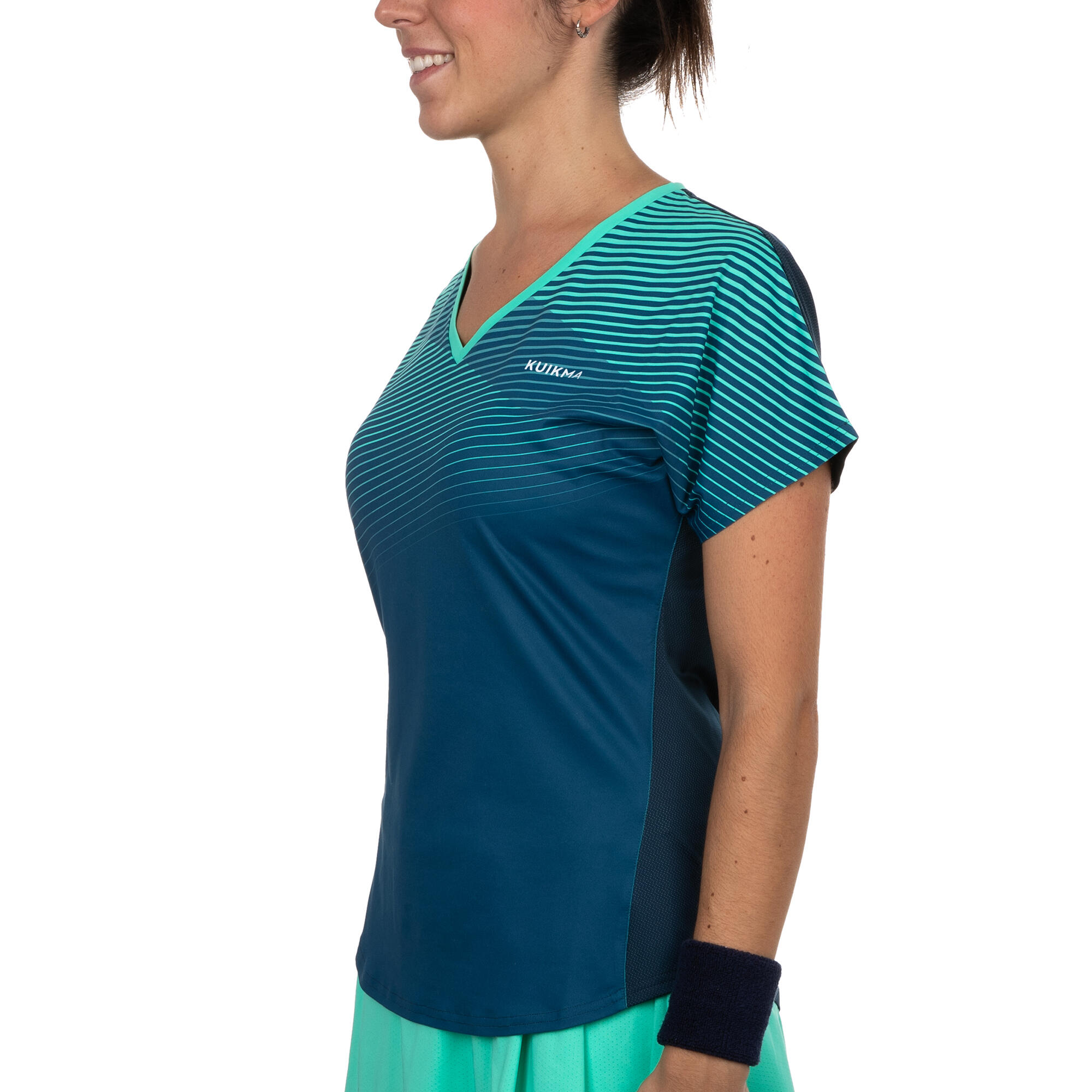 Women's Breathable V-Neck Short-Sleeved Padel T-Shirt 500 - Blue/Green 2/4