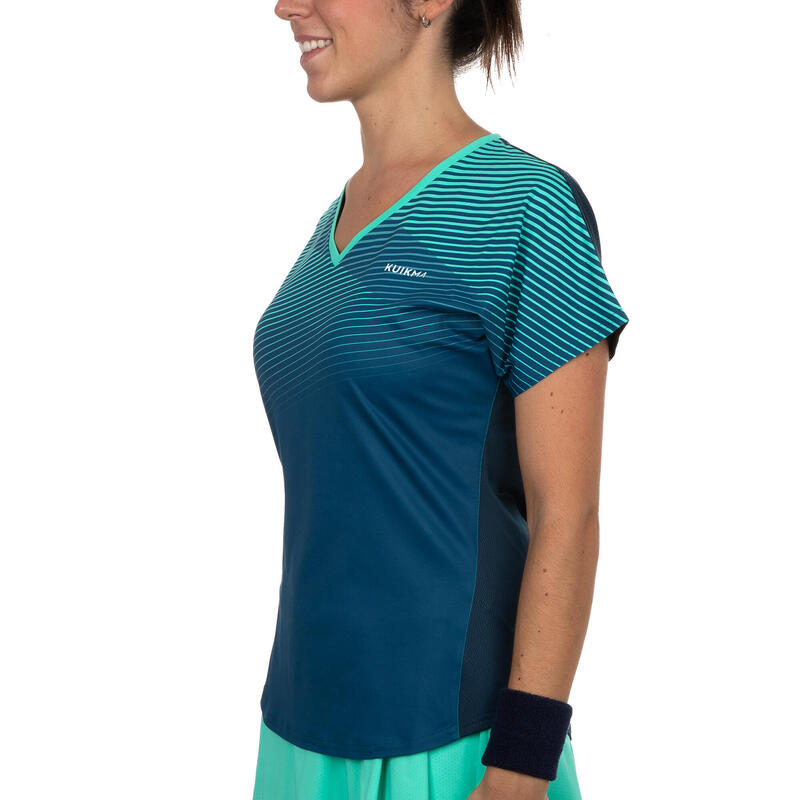 Camiseta pádel manga corta transpirable con cuello en V Mujer 500 azul verde