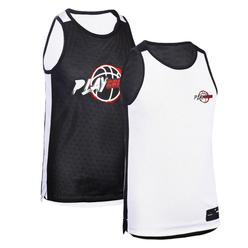 MAILLOT SANS MANCHE BASKET REVERSIBLE GARCON/FILLE T500R NOIR BLANC PLAYGROUND