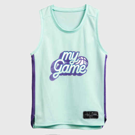 
      Boys'/Girls' Sleeveless Basketball Jersey T500 - Green/Purple/My Game
  