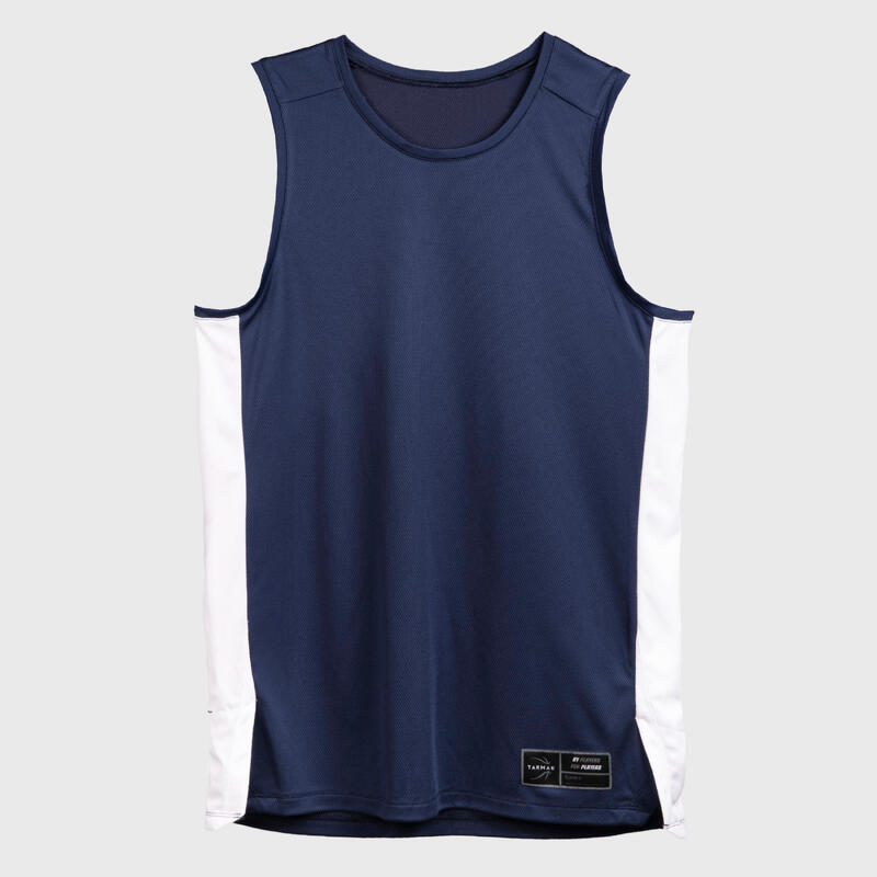 MAILLOT SANS MANCHE DE BASKETBALL HOMME T500 BLEU FONCE BLANC