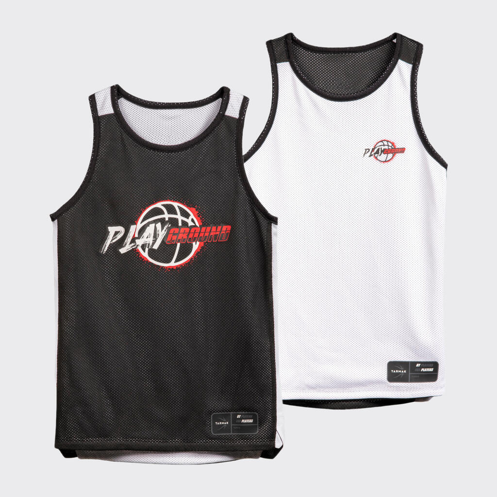 Kids' Reversible Sleeveless Basketball Jersey T500R - Black/White Playground