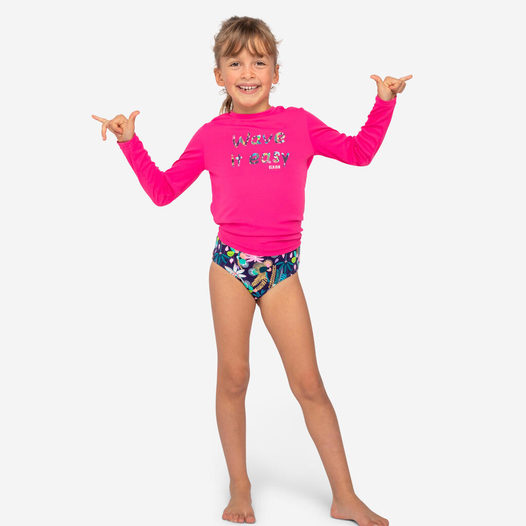 Detské tričko 100 proti UV s dlhým rukávom na surf ružové s potlačou