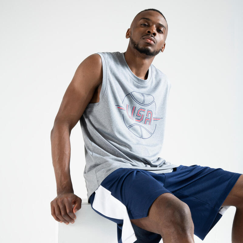 T-SHIRT / MAILLOT SANS MANCHE DE BASKETBALL HOMME TS500 GRIS USA