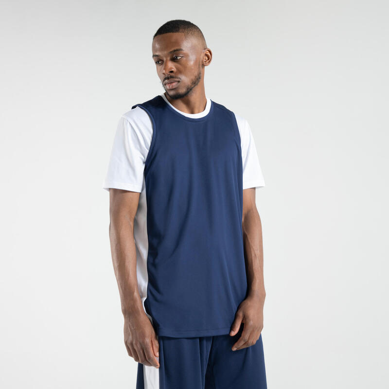 MAILLOT SANS MANCHE DE BASKETBALL HOMME T500 BLEU FONCE BLANC