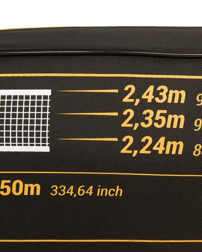 Verpackung des Volleyballnetzes mit den drei möglichen Höhen abgebildet: 2,43m; 2,35m; 2,24m.