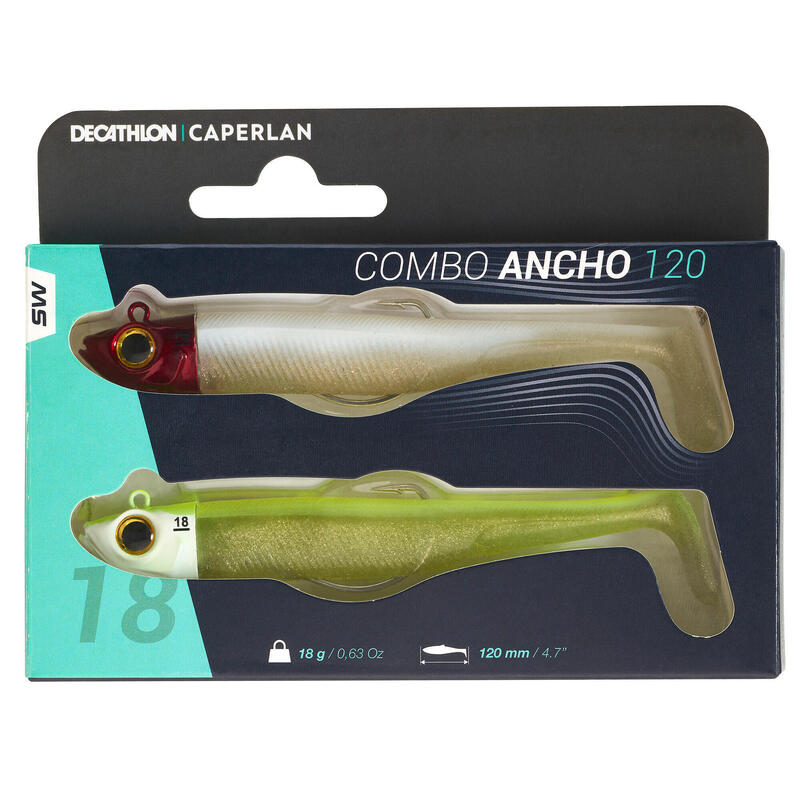 Combo Señuelos Flexibles Pesca Mar Ancho 120 Cabeza Rojo/Amar. Shad Tejano 18 G