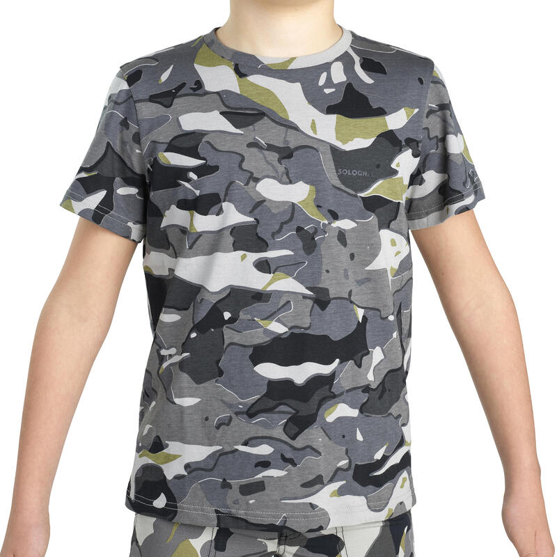 Camiseta Manga Corta Niños Caza Solognac 100 Algodón Camuflaje Militar Gris