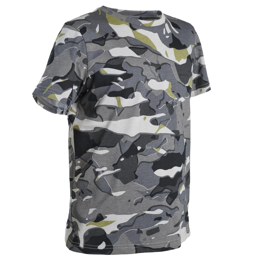 Junior Country Sport Short-Sleeved Cotton T-Shirt - 100 Woodland Camouflage Grey