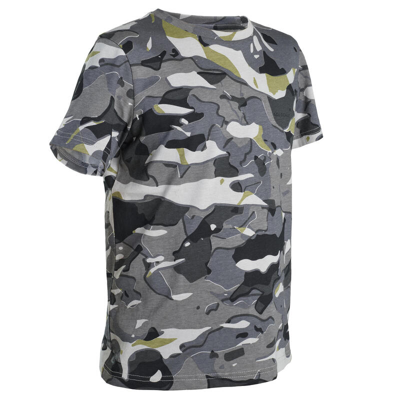 T-Shirt chasse manches courtes 100 junior camouflage woodland gris