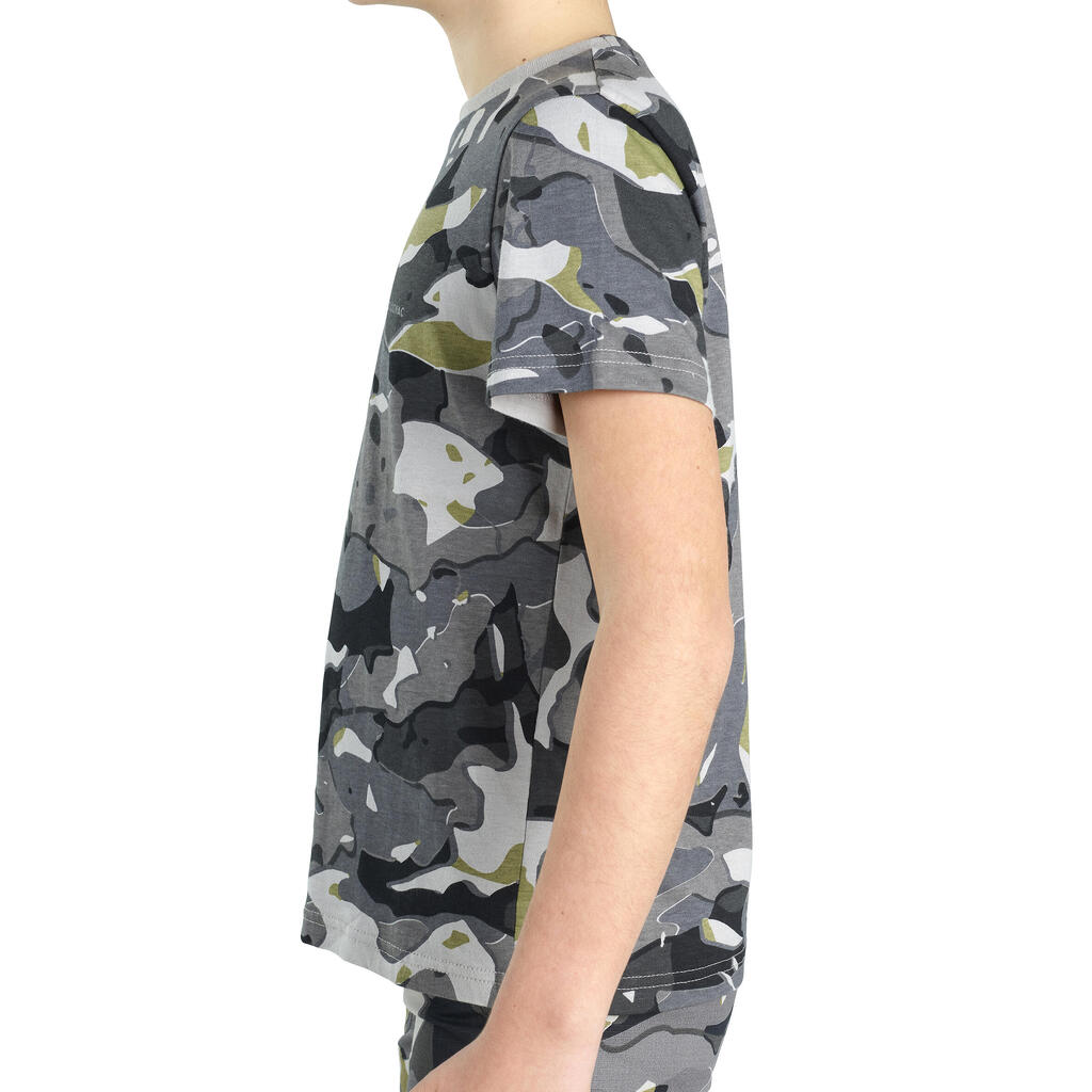 Junior Country Sport Short-Sleeved Cotton T-Shirt - 100 Woodland Camouflage Grey