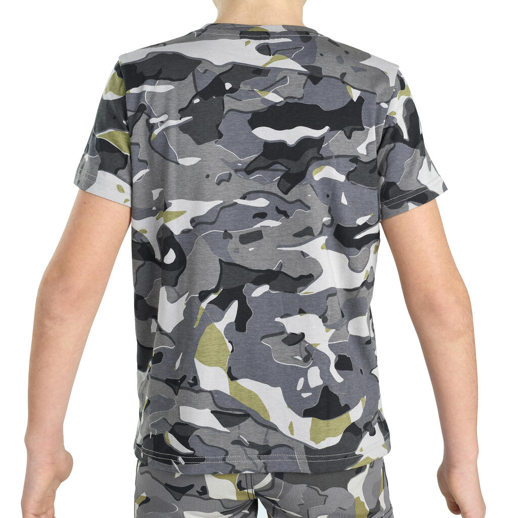 Junior Country Sport Short-Sleeved Cotton T-Shirt - 100 Woodland Camouflage Grey