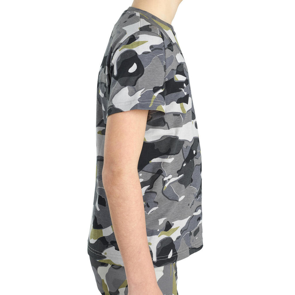 Junior Country Sport Short-Sleeved Cotton T-Shirt - 100 Woodland Camouflage Grey