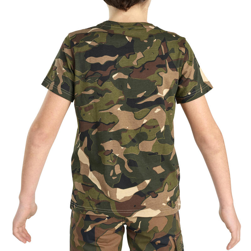 Camiseta Manga Corta Niños Caza Solognac 100 Algodón Camuflaje Militar Verde