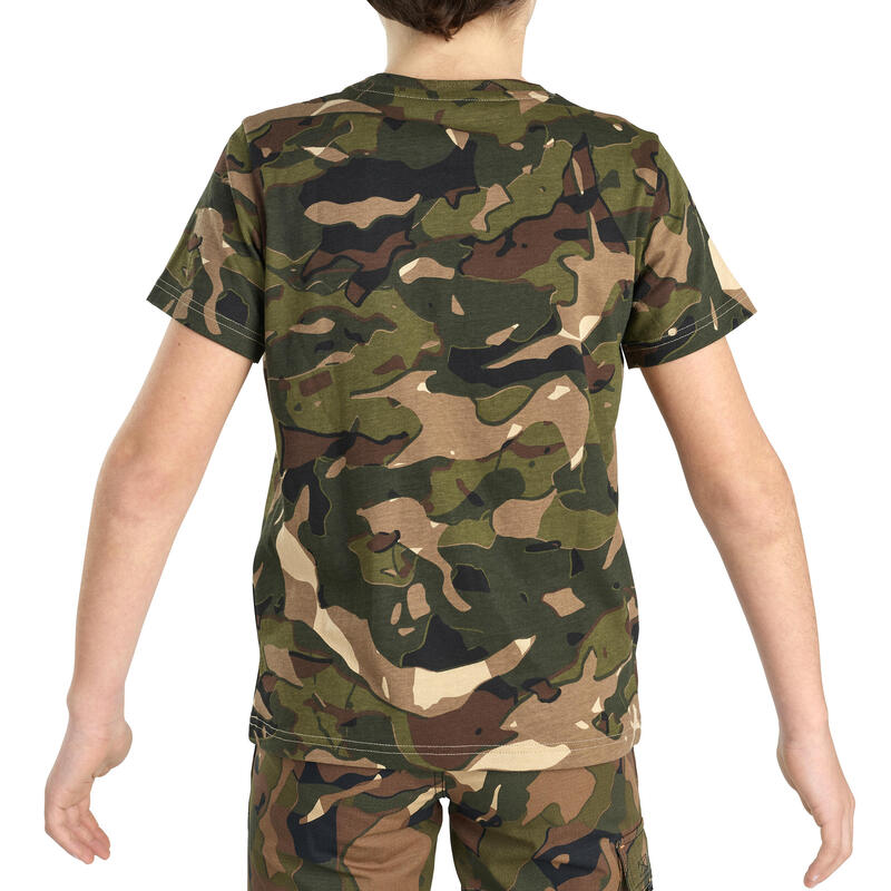 T-shirt manches courtes chasse coton Junior -100 camouflage woodland vert marron