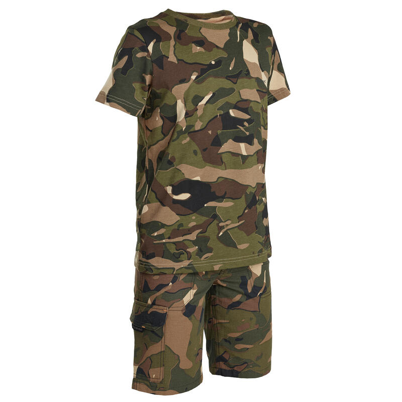 T-shirt manches courtes chasse coton Junior -100 camouflage woodland vert marron